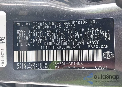 2012 Toyota Camry Le from USA, damaged, VIN 4T1BF1FK0CU089650